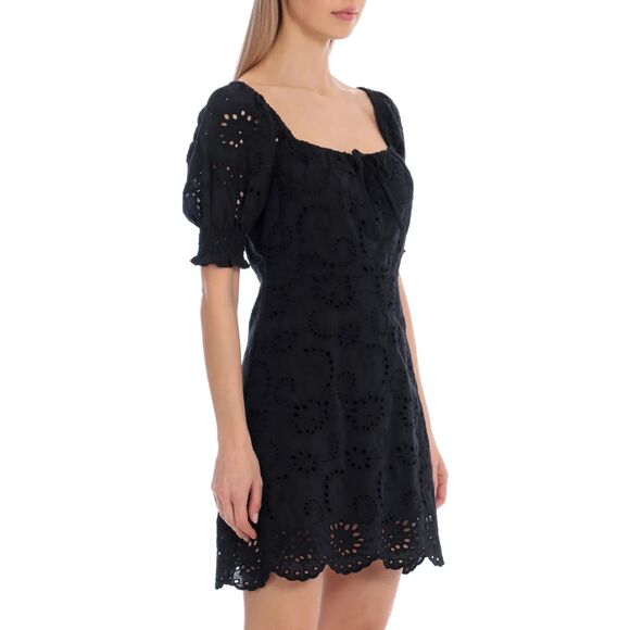 7 FOR ALL MANKIND Black Eyelet Embroider Puff Sleeve Scallop Peasant Dress Large - Picture 1 of 9